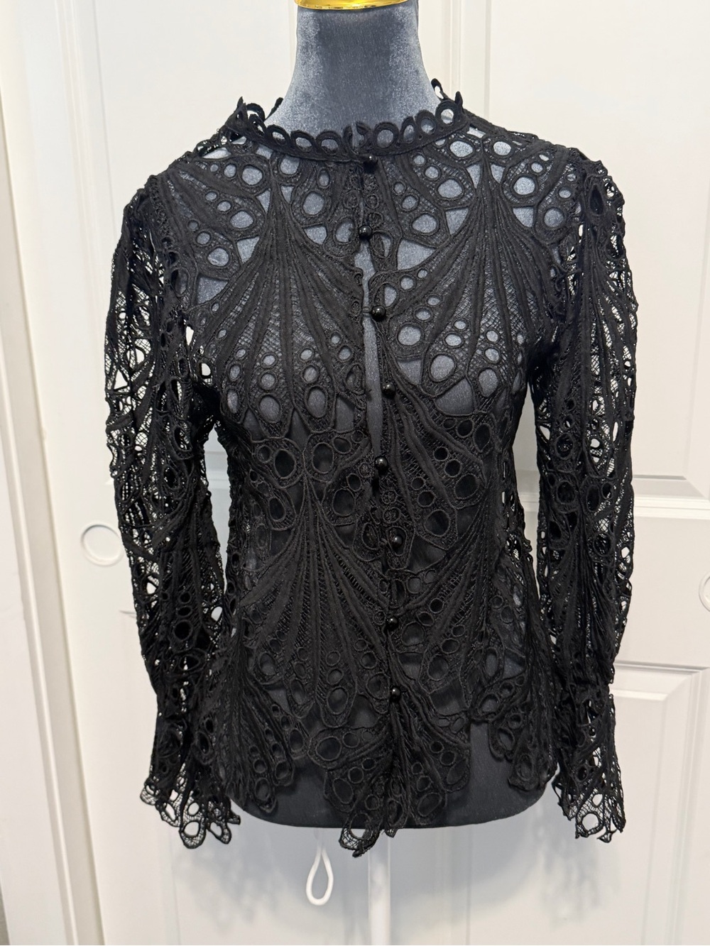 Black Lace Long-Sleeve Crochet Top - Elegant Openwork Design